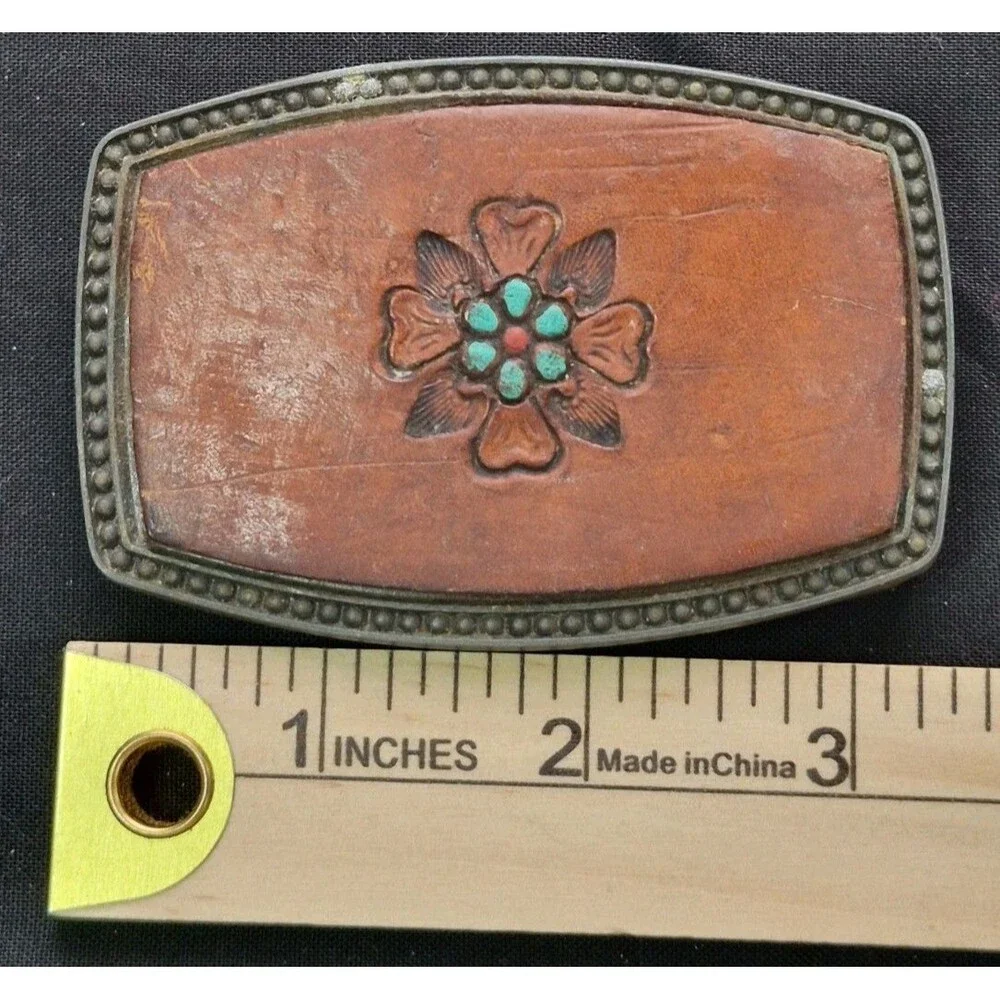 Vtg Southwestern Style Tooled Leather Inlay Belt Buckle Alumaline 4108